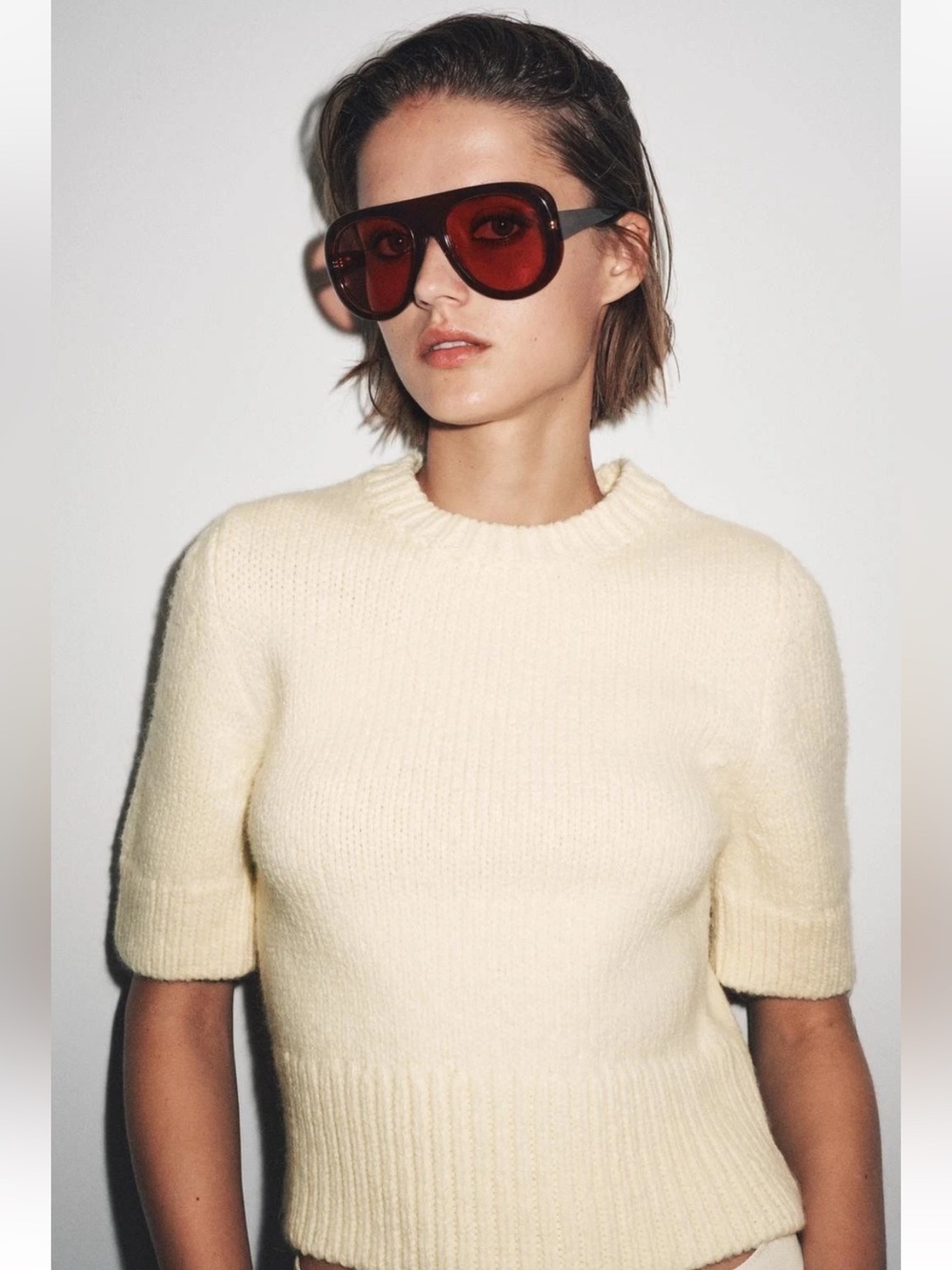 Zara Short Sleeve Cream Crew Neck Sweater | Cozy Sweater | Knit Sweater